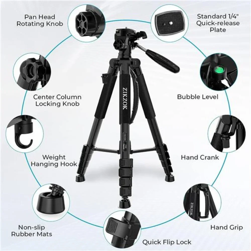 75 Inch Camera Tripod, Lightweight Travel Aluminum Cell Phone Video Tripod